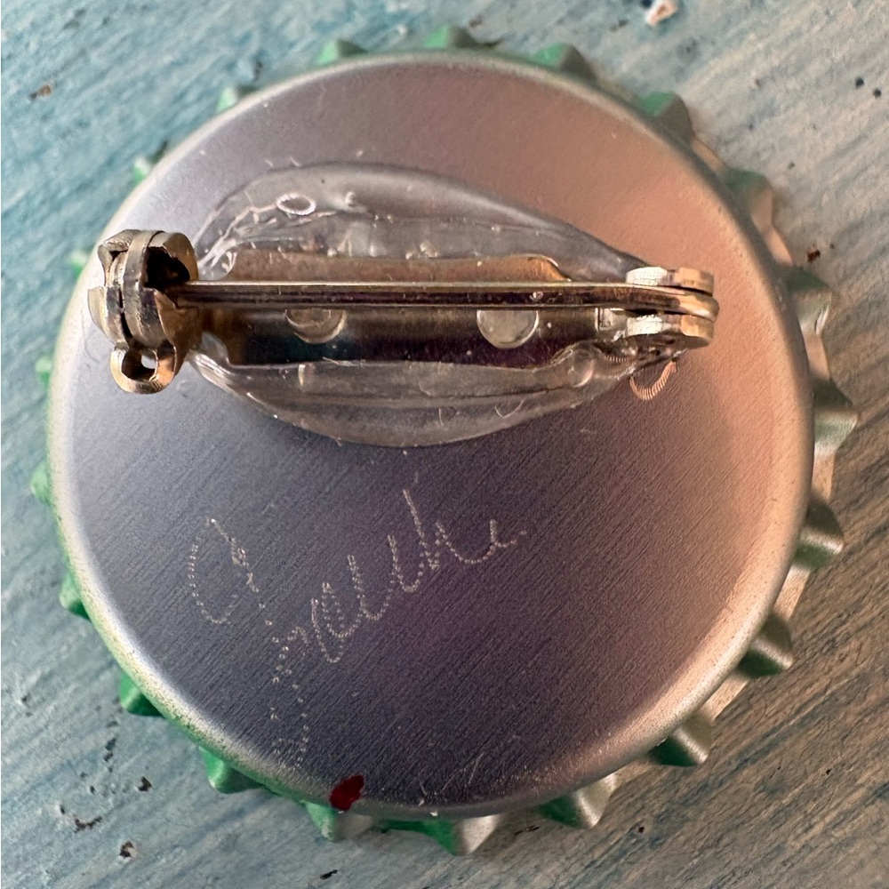 From Santa Fe, NM a Hand-Crafted Virgin Mary Bottlecap Shrine Pin with Sequins - Picture 5 of 7